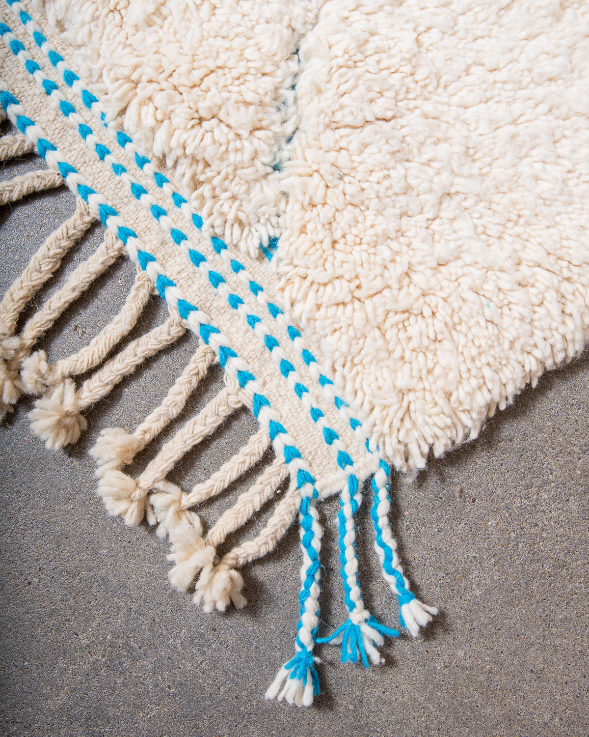 Modern, designer, handcrafted Berber rug from Morocco. Beniourain carpet with beautiful colours and patterns and fluffy wool texture.